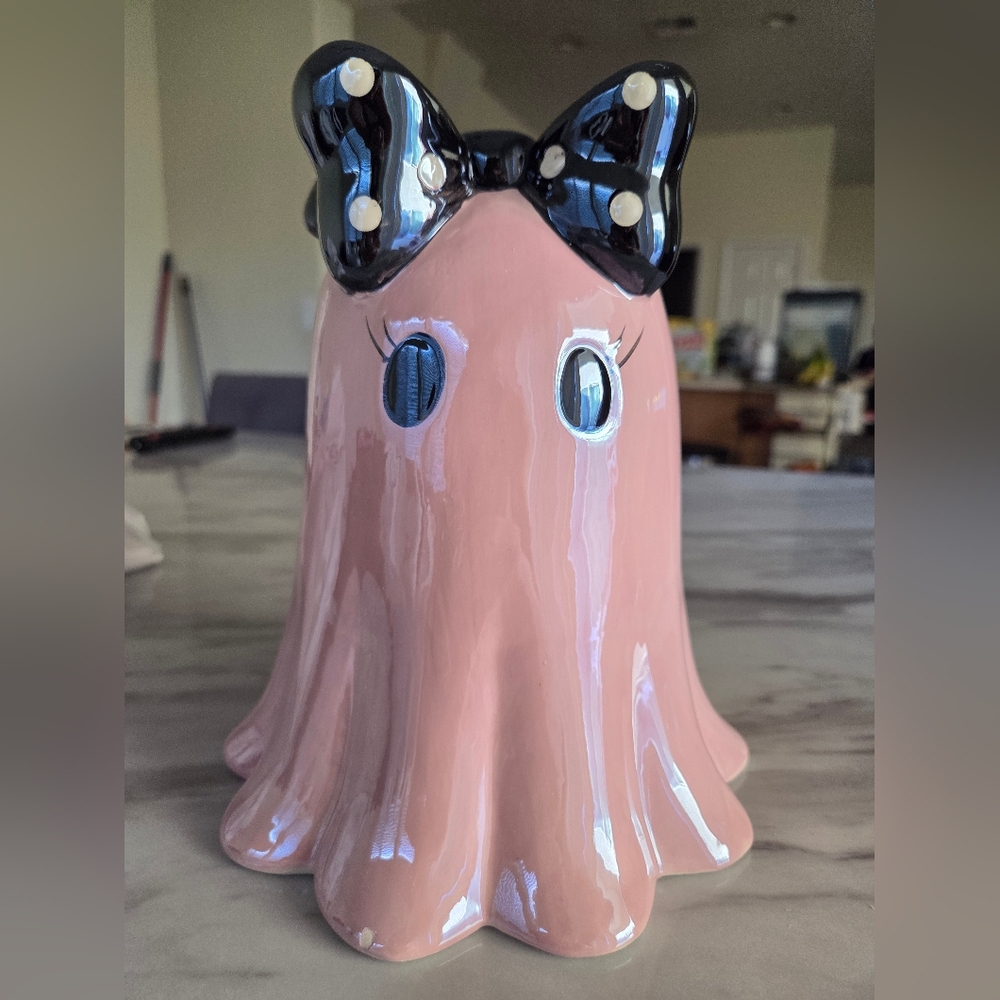 Pink Ghost Ceramic Figurine with Black Bow